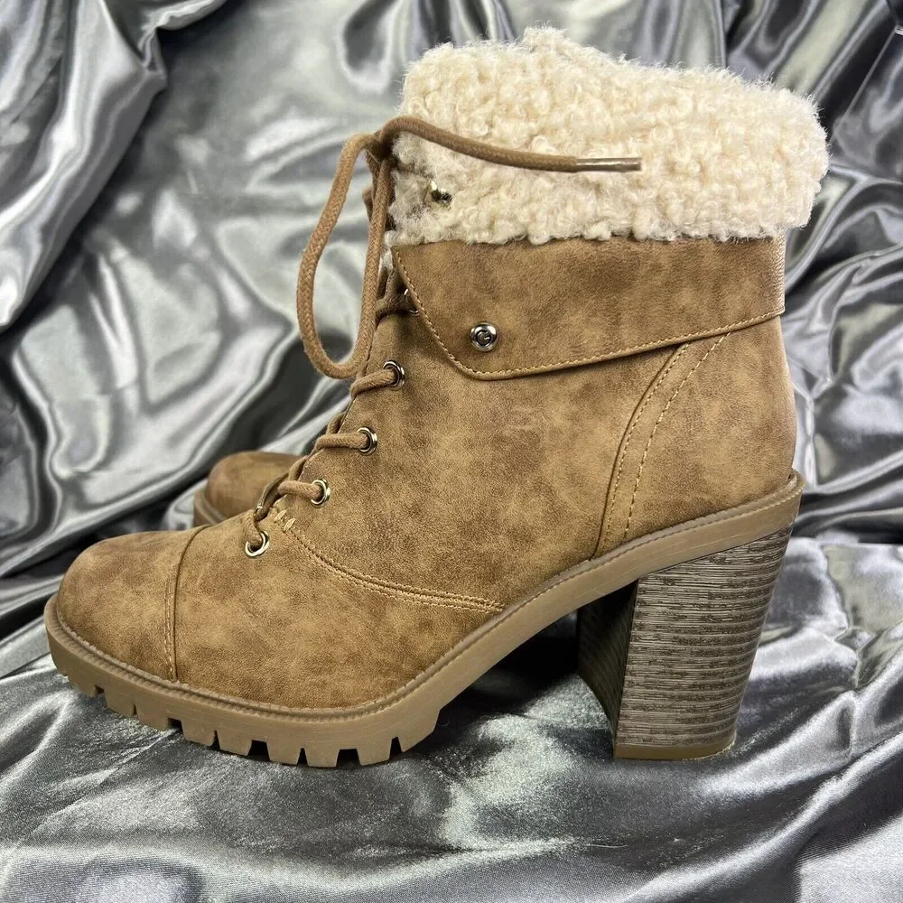 GBG G by Guess Boots Women Sz 9.5 M Brown 4” Heel Lace Up Chunky Lug Fur Booties